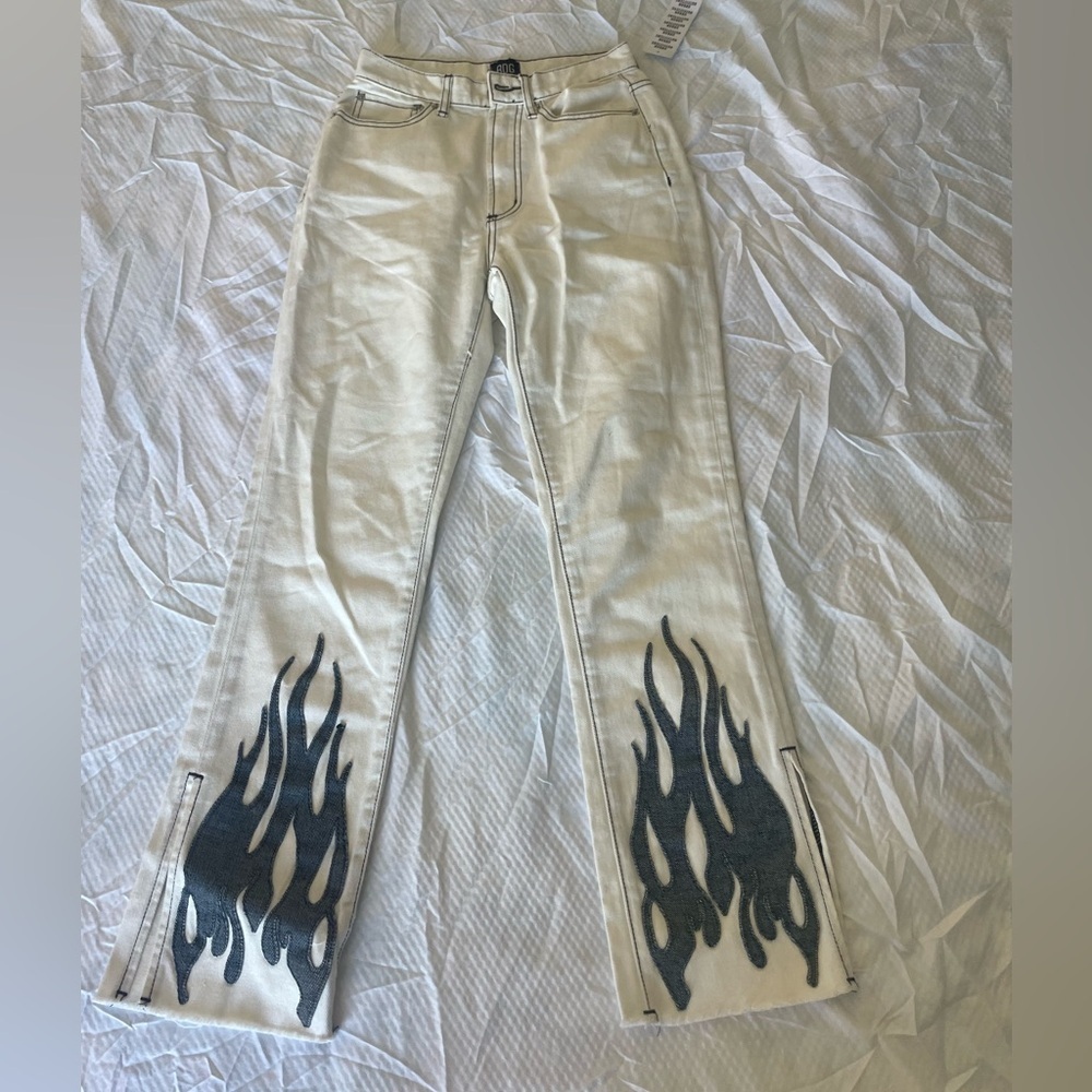 BDG White Jeans with Black Flame Design